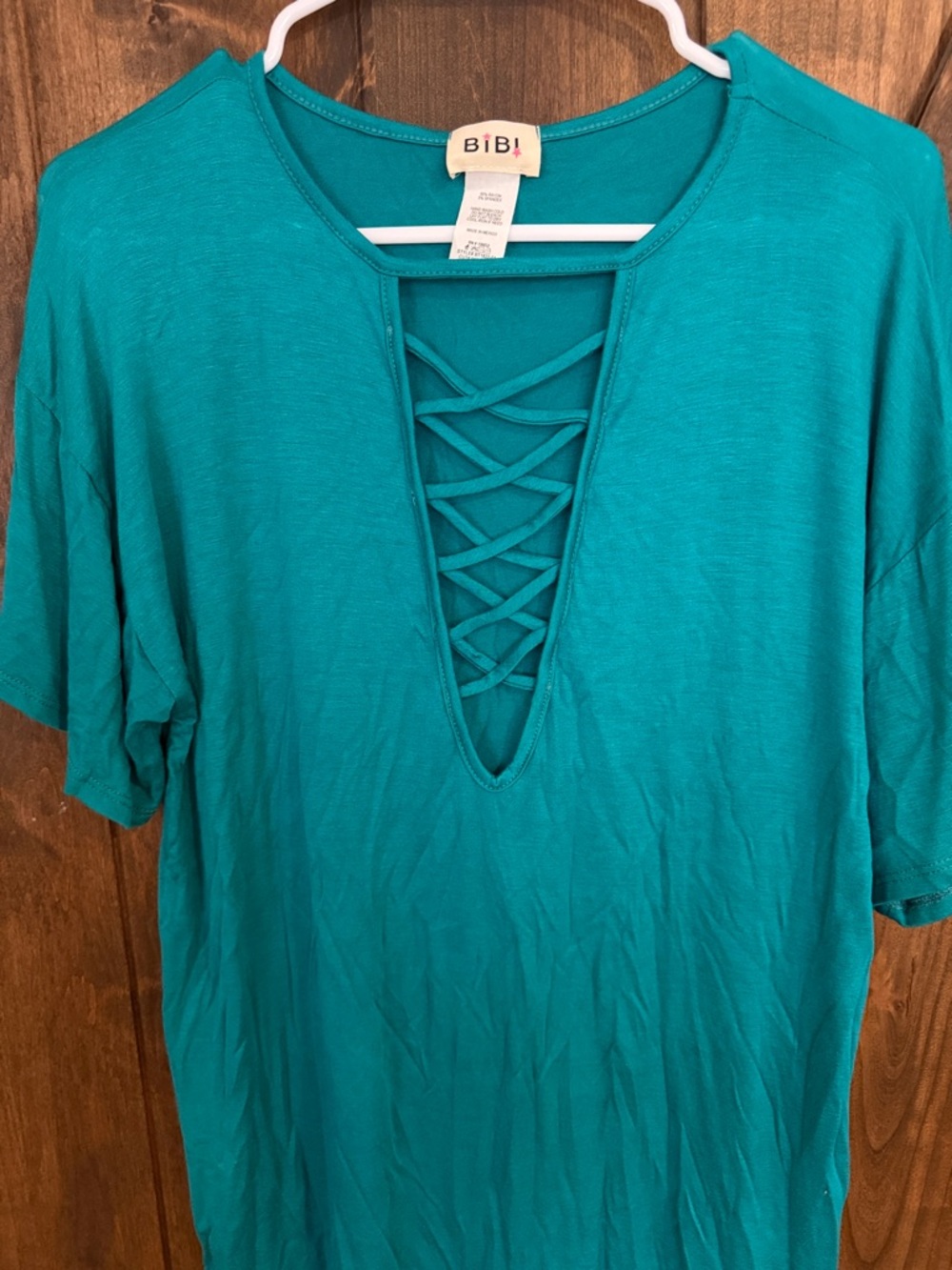 BiBi Turquoise Crisscross V-Neck Short Sleeve Top